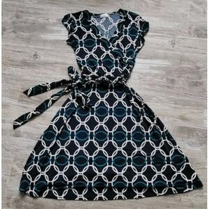 Olivia Mattheus Abstract Polyester V-Neck Sleeveless Belt Career Dress Size L